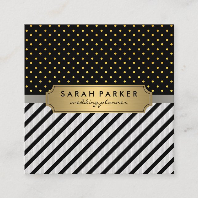 Tarjeta De Visita Cuadrada Faux Linen Black Stripes Polka Dots (Anverso)