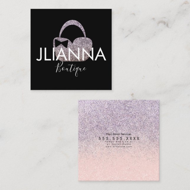 Tarjeta De Visita Cuadrada Faux Purpurina Boutique Clothing Black White