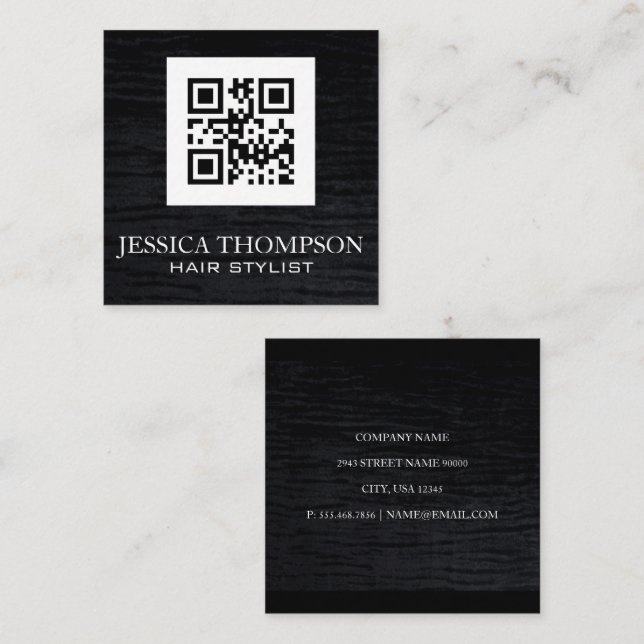 Tarjeta De Visita Cuadrada Faux Velvet Black | Plantilla de código Qr (Anverso / Reverso)