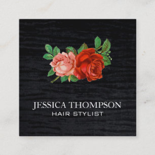 Tarjeta De Visita Cuadrada Faux Velvet Black Print Fancy Rosas