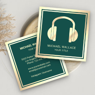 Tarjeta De Visita Cuadrada Faux verde audífonos Relieve metalizado dorado aud