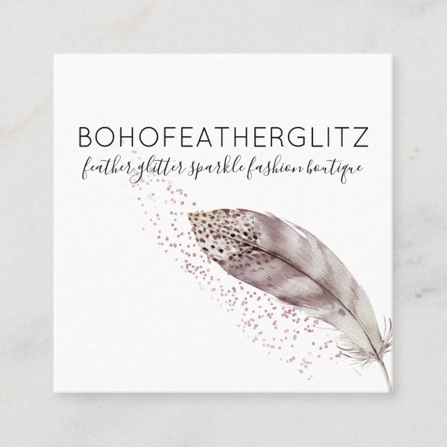 Tarjeta De Visita Cuadrada Feather Boho Purpurina Simple Elegante (Anverso)