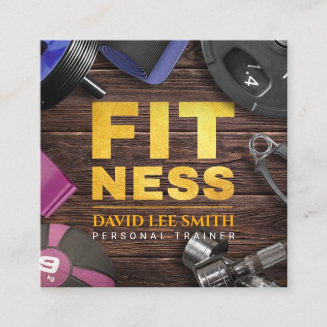 Tarjeta De Visita Cuadrada Fitness Personal Trainer Gold Typography Square Bu (Anverso)