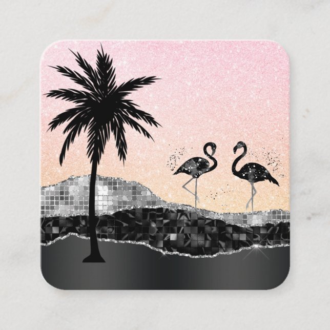 Tarjeta De Visita Cuadrada *~* Flamingo de árbol de palmas tropicales agridul (Anverso)
