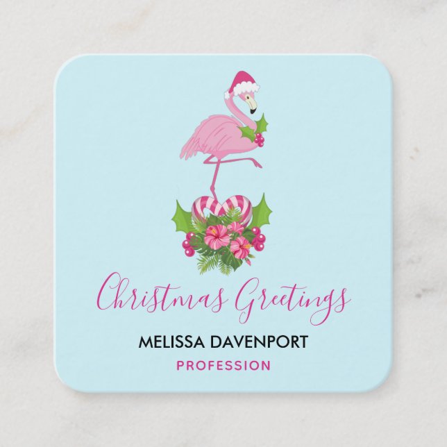 Tarjeta De Visita Cuadrada Flamingo rosa en Santa Hat Navidades caprichosos (Anverso)