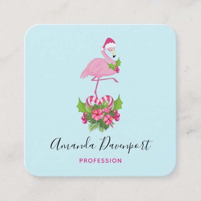 Tarjeta De Visita Cuadrada Flamingo rosa en Santa Hat Navidades caprichosos (Anverso)