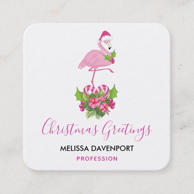 Tarjeta De Visita Cuadrada Flamingo rosa en Santa Hat Navidades caprichosos (Anverso)