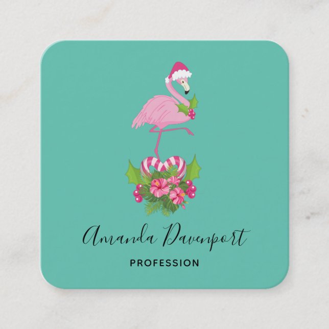 Tarjeta De Visita Cuadrada Flamingo rosa en Santa Hat Navidades caprichosos (Anverso)