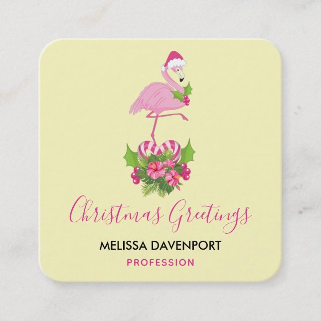 Tarjeta De Visita Cuadrada Flamingo rosa en Santa Hat Navidades caprichosos (Anverso)