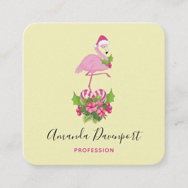 Tarjeta De Visita Cuadrada Flamingo rosa en Santa Hat Navidades caprichosos (Anverso)