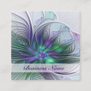 Tarjeta De Visita Cuadrada Flor Abstracta Moderna Fractal Verde Púrpura