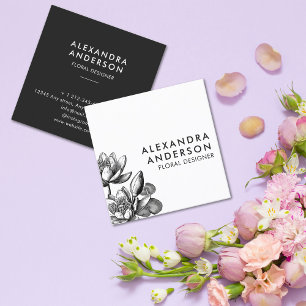Tarjeta De Visita Cuadrada Flor blanca y negra floral mínima