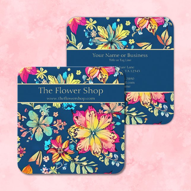Tarjeta De Visita Cuadrada Flor bohemia floreciente (Front and Back - Vibrant Boho Floral Bohemian Flower Square Business Card)