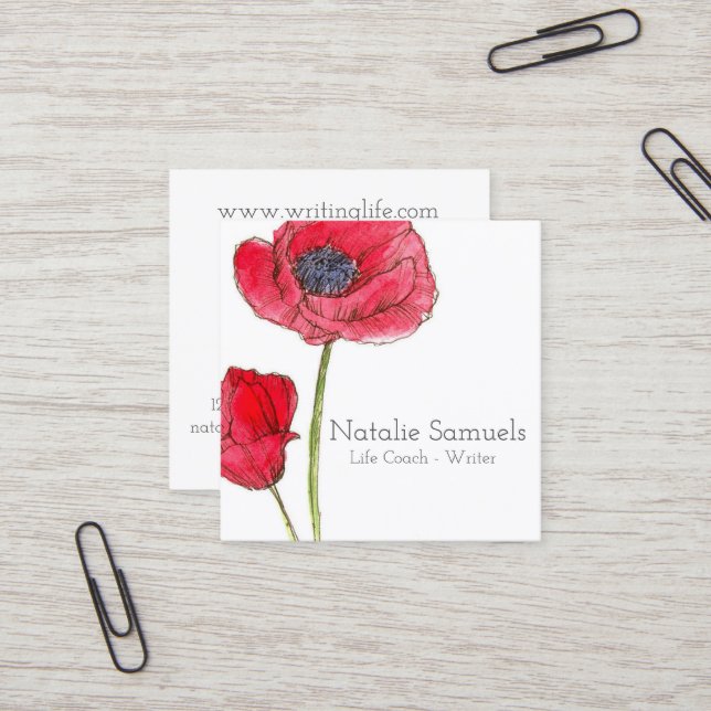 Tarjeta De Visita Cuadrada Flor de agua de la amapola roja (Anverso/Reverso In Situ)