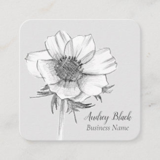 Tarjeta De Visita Cuadrada Flor de anémona blanca Gris negro Botánico