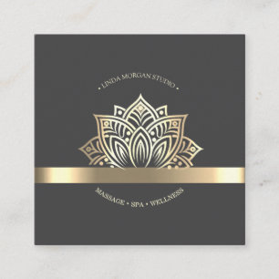 Tarjeta De Visita Cuadrada Flor de Loto Gris Chic Dorado