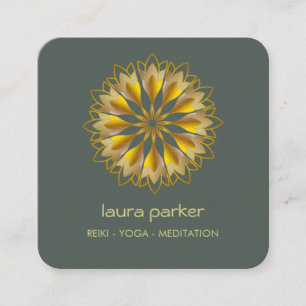 Tarjeta De Visita Cuadrada Flor de Loto Verde Dorado Yoga Meditación Holístic