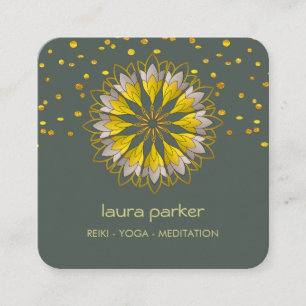 Tarjeta De Visita Cuadrada Flor de Loto Verde Dorado Yoga Meditación Holístic