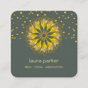 Tarjeta De Visita Cuadrada Flor de Loto Verde Dorado Yoga Meditación Holístic
