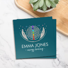 Tarjeta De Visita Cuadrada Flor de vida, manos curadoras, chakras