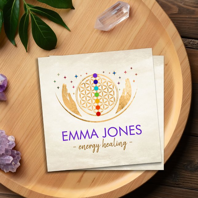 Tarjeta De Visita Cuadrada Flor de vida, manos curadoras, chakras (Subido por el creador)