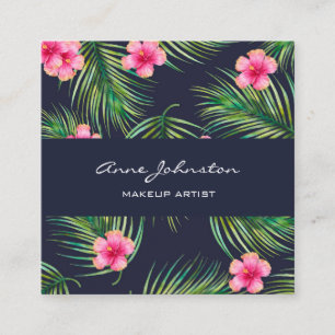 Tarjeta De Visita Cuadrada Flor rosa tropical Fern verde de maquillaje