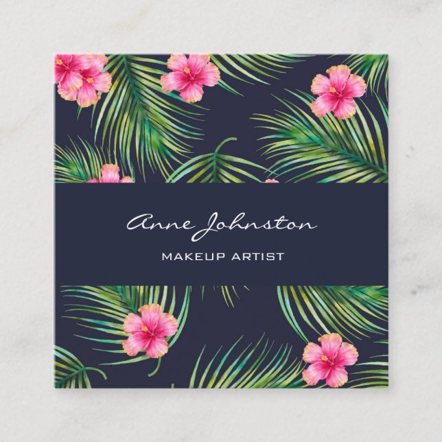 Tarjeta De Visita Cuadrada Flor rosa tropical Fern verde de maquillaje (Anverso)