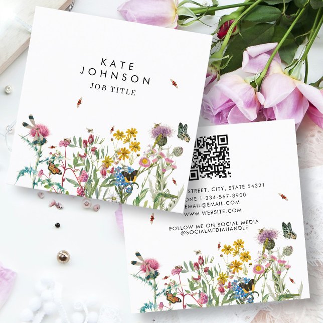 Tarjeta De Visita Cuadrada Flor silvestre acuarela Código QR Medios sociales (Watercolor Wildflower QR Code Social Media Square Business Card)