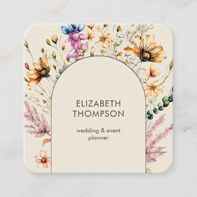 Tarjeta De Visita Cuadrada Flor silvestre Boho moderna acuarela floral (Anverso)