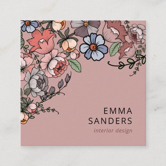 Tarjeta De Visita Cuadrada Flor Y Verdor De Boho (Anverso)