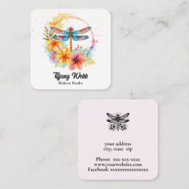Tarjeta De Visita Cuadrada Flora y libélula acuarela