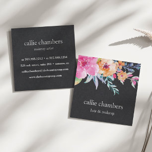 Tarjeta De Visita Cuadrada Floral acuarela pintada Negro