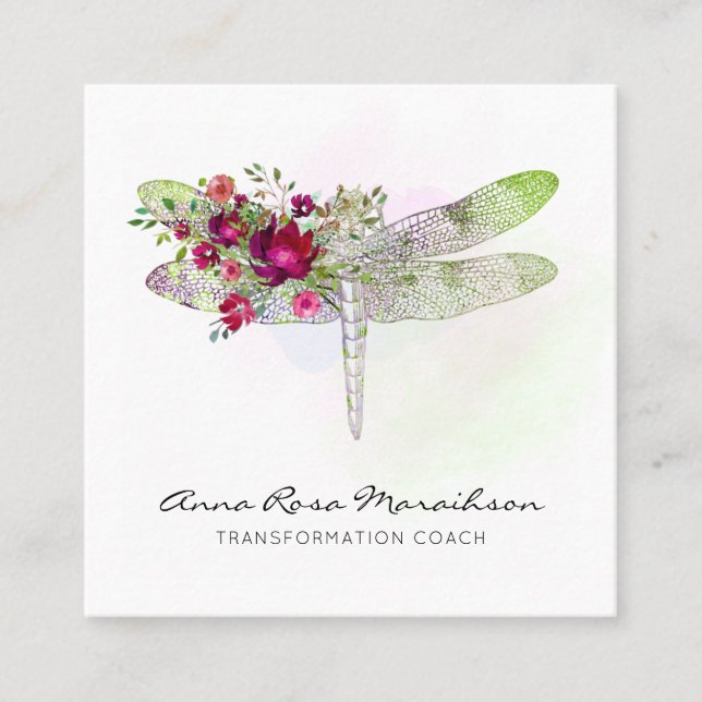 Tarjeta De Visita Cuadrada *~* Floral acuarela rosa roja mint Dragonfly (Anverso)