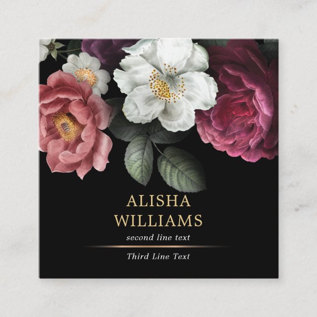 Tarjeta De Visita Cuadrada Floral Black Gold para empresas de lujo (Anverso)