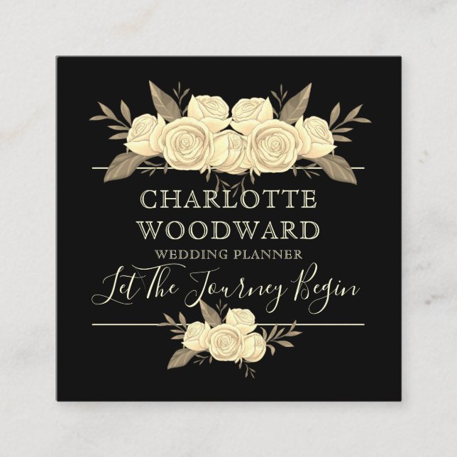 Tarjeta De Visita Cuadrada Floral Black Wedding Planner Square Business Card (Anverso)