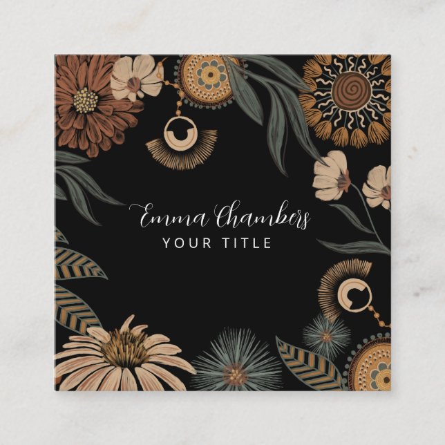 Tarjeta De Visita Cuadrada Floral Boho Oscuro (Anverso)