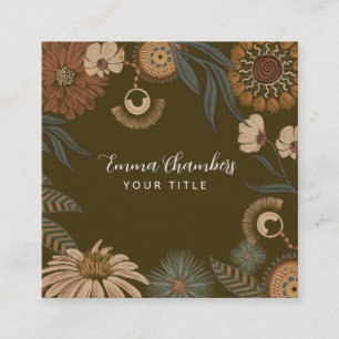 Tarjeta De Visita Cuadrada Floral Boho Oscuro