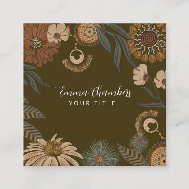 Tarjeta De Visita Cuadrada Floral Boho Oscuro (Anverso)