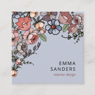 Tarjeta De Visita Cuadrada Floral Boho Y Azul Polvoriento