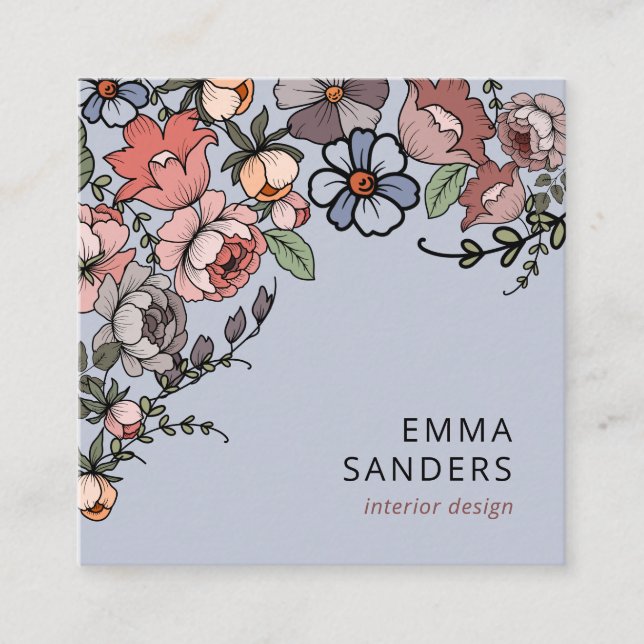 Tarjeta De Visita Cuadrada Floral Boho Y Azul Polvoriento (Anverso)