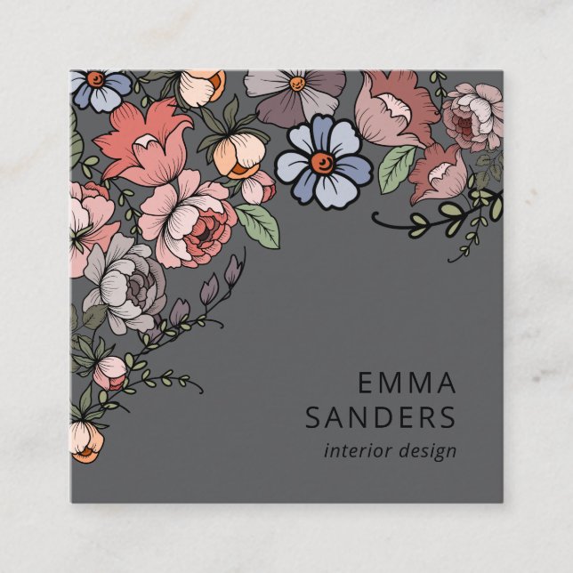 Tarjeta De Visita Cuadrada Floral Boho y gris oligoso (Anverso)