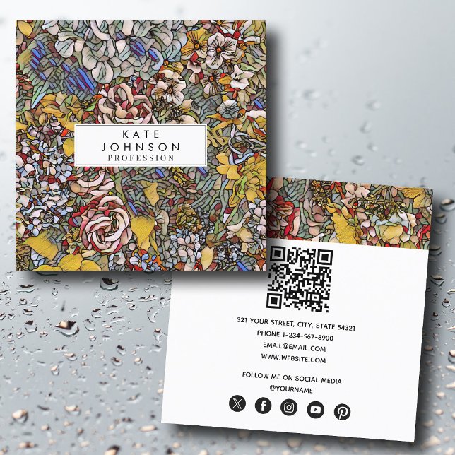 Tarjeta De Visita Cuadrada Floral botánica de vidrio templado (Stained Glass Botanical Floral Square Business Card)