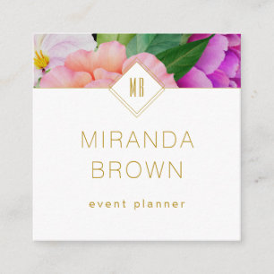 Tarjeta De Visita Cuadrada Floral color de agua morado rosas rosadas modernas