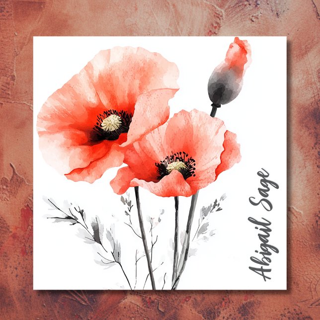 Tarjeta De Visita Cuadrada Floral de adormidera acuarela moderna (Front - Modern Watercolor Poppy Floral Square Business Card)