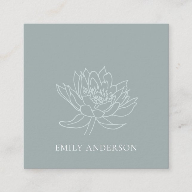 TARJETA DE VISITA CUADRADA FLORAL DE DIBUJO AQUA AZUL VERDE AZULADO DE LOTUS  (Anverso)