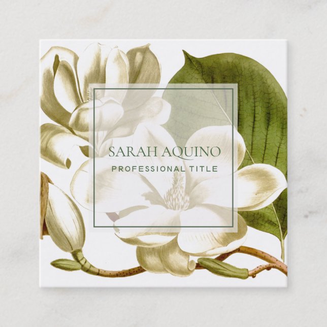 Tarjeta De Visita Cuadrada Floral de magnolias blancas sobre blanco (Anverso)