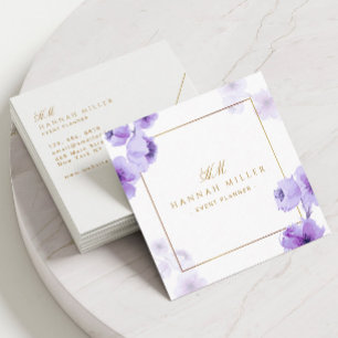 Tarjeta De Visita Cuadrada Floral Elegante Marco Dorado Acuarela Púrpura Únic