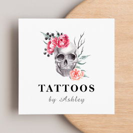 Tarjeta De Visita Cuadrada Floral Feminine Skull Girly Tattoo Artista moderno