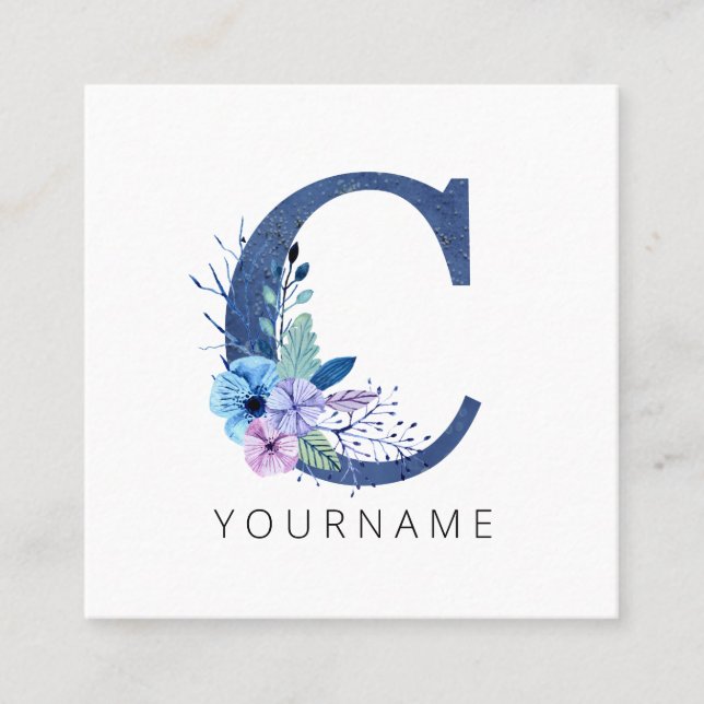 Tarjeta De Visita Cuadrada Floral Monograma C Flores azules de invierno (Anverso)