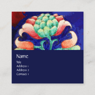 TARJETA DE VISITA CUADRADA FLORAL MONOGRAMA ESTILIZADA DE FLOR AZUL ROSA VERD